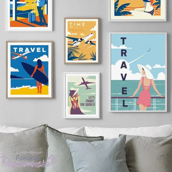 Pintura em tela Paisagem Viagem Tempo Escandinavo Arte de parede Menino Menina Aeronave Mar Praia Pôsteres e impressões Imagens de parede para sala de estar Decoração de quarto de menina Wo6