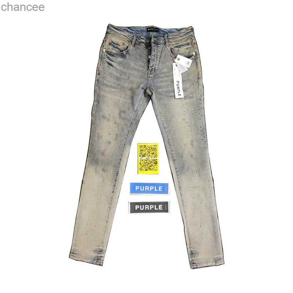 Jeans skinny a vita bassa di marca viola Jean Indigo Repair Jeans viola sfumati di candeggina HKD230829