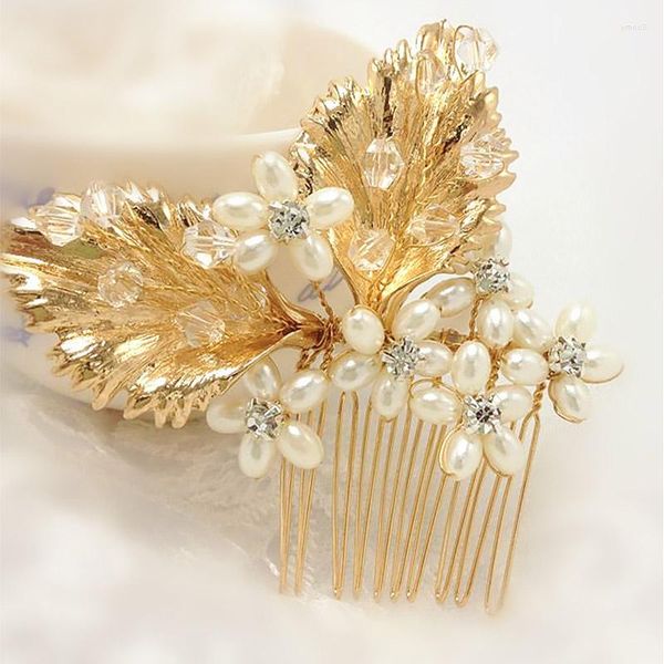 Fermagli per capelli Pettine color oro Perno laterale per donna Clip a forma di foglia di perla Forchetta Moda Ragazze di cristallo Gioielli da sposa Diademi da sposa