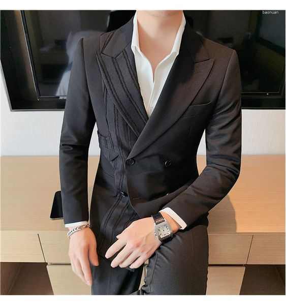 Ternos masculinos Slim Fit Double Breasted Terno Jaqueta com Patchwork Listrado Casual Business Coat Vents