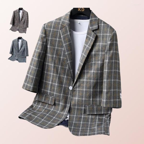 Ternos masculinos casual xadrez blazer de manga curta fino ajuste terno jaqueta elegante design único-breasted masculino masculino