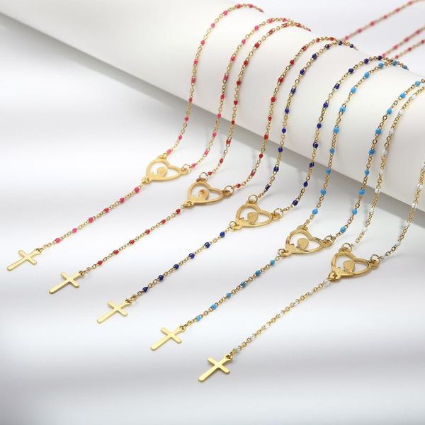 Anhänger Halsketten Religiöse Link Kabel Kette Halskette Für Frauen Edelstahl Kreuz Jungfrau Maria Emaille Schmuck 45 cm (17,7 