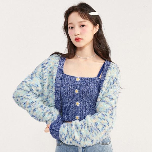 Suéter feminino de malha 2023, conjunto de 2 peças para meninas roupas de inverno moda coreana solta doce estudante de malha
