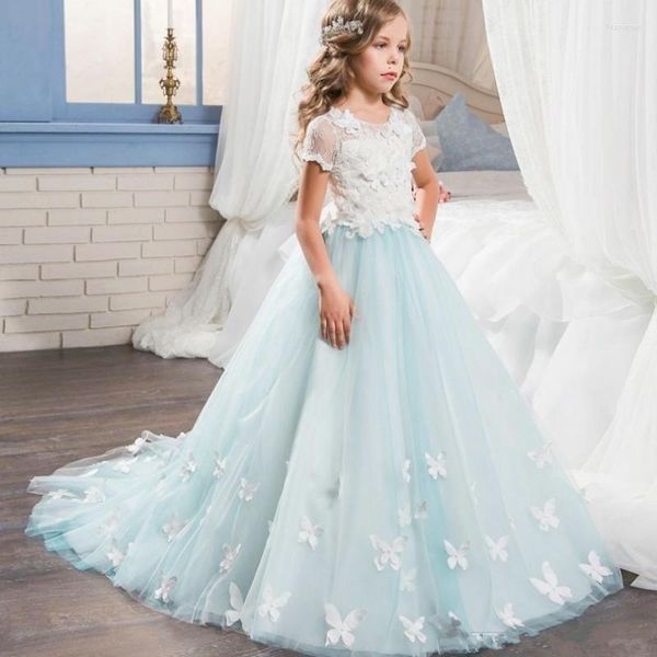 Mädchenkleider Blumenkleid Hellblau Tüll Spitze Applikation Kurzarm Hochzeit Süßes Kind Erste Eucharistie Geburtstagsfeier