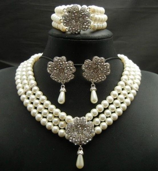 Conjunto de joias de noiva banhado a prata creme pérola colar de casamento conjuntos de pulseira e brincos