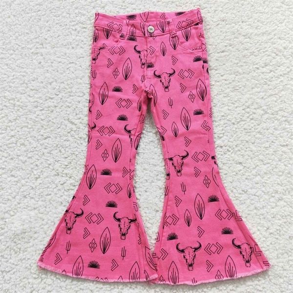 Pantaloni Boutique all'ingrosso Bambino Cerniera Pantaloni a campana Pantaloni per bambini Tasca per neonati Jeans rosa per bambina in denim occidentale Mucca per bambini 230828