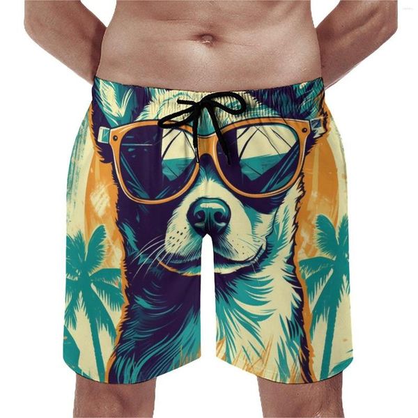 Shorts masculinos Board Dog Cute Swim Trunks Ilustração gráfica Sunny Beach Homem Quick Dry Sports Surf Trendy tamanho grande