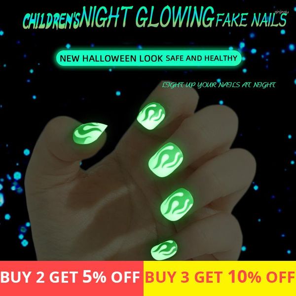 24 pezzi di unghie finte per bambini fluorescenti che si illuminano al buio, stampa su festival, copertura completa, strumento per manicure artistico luminoso per bambini