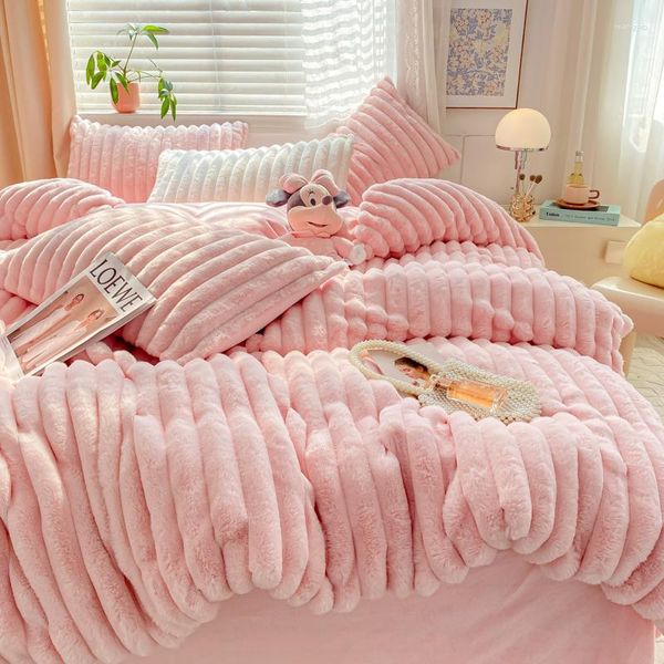 Bettwäsche-Sets, rosa, gelb, grün, grau, luxuriös, Kunstpelz, Samt, Fleece-Set, Nachahmung, flauschig, weich, Bettbezug, Bettlaken, Kissenbezüge