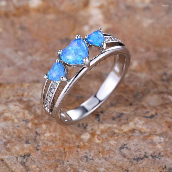 Fedi nuziali Moda Tre pietre Bianco Zircone Anello di fidanzamento Blu Opale di fuoco Cuore d'amore per donne Coppie Gioielli Regali di San Valentino
