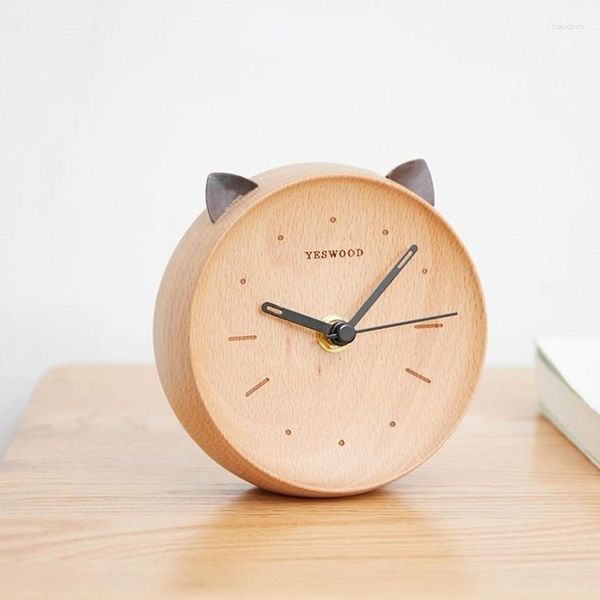 Orologi da tavolo Orologio da scrivania in faggio Bellissimo comodino muto per la camera da letto di casa, modellazione di gattini, allarme in legno massello