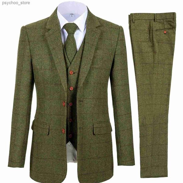 Masculino 3 peça ternos bussiness formal notch lapela padrinhos de lã xadrez smoking para atividades de festa casamento (blazer + colete + calça) q230828