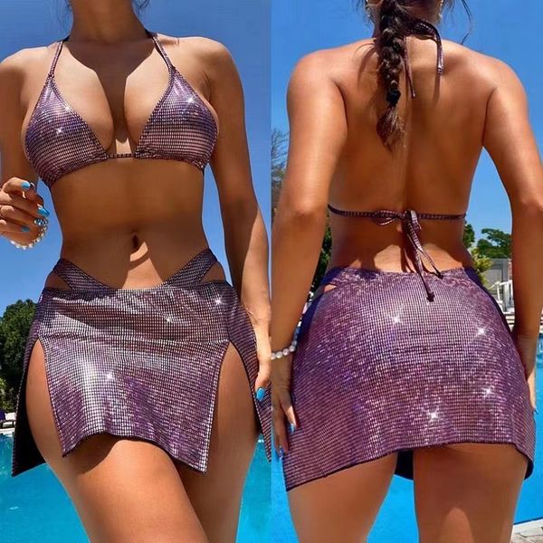 Heiße verkaufende Badebekleidung, Bikini-Set, Damenmode, Kleidung, einfarbig, Glanz, Gummiband, dreiteiliger geteilter Badeanzug, T-Rücken, Sommer, Strand, Wassersportausrüstung