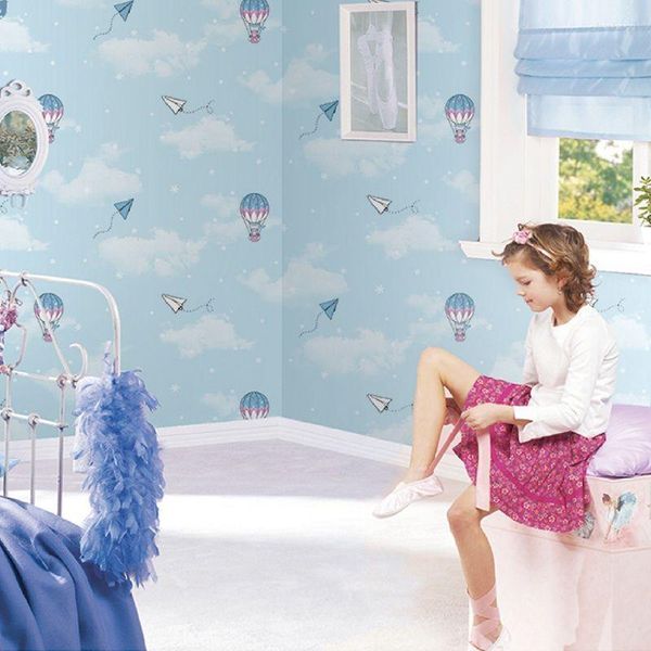 Duvar Kağıtları Güzel Gökyüzü Mavi Kağıt Uçak Çocuk Duvar Kağıdı Yatak Odası Kız Kız Kreş Oda Tema Karikatür Hava Balon