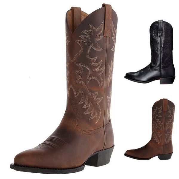 Botas Top Quality Alto Bordado Manga Retro Mens e Mulheres Widehead Western Cowboy Tamanho 3848 Homens 230829