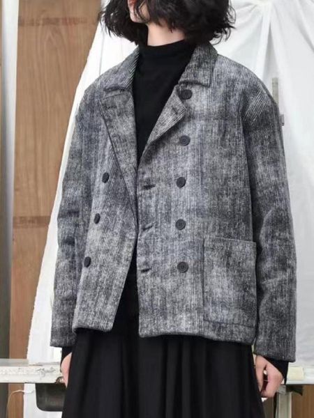 Trench da donna Intage corto doppiopetto Giacca in cotone di velluto a coste grigio tinto in massa Cappotto allentato trapuntato femminile imbottito