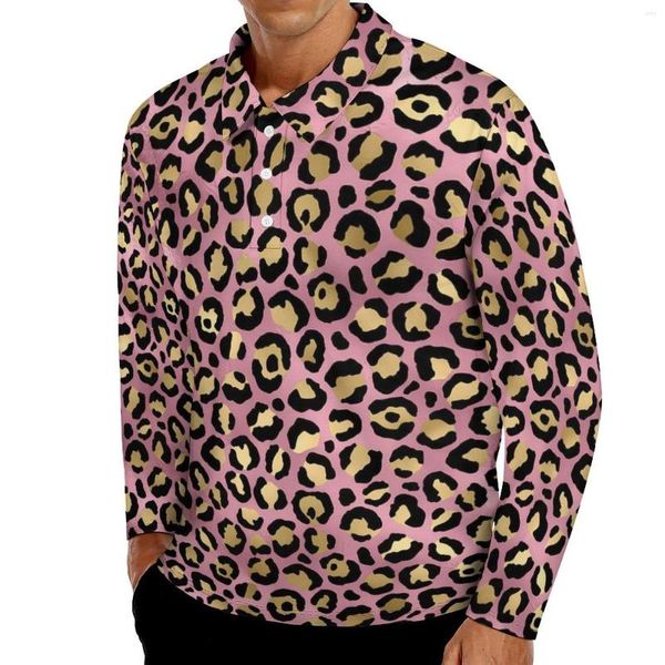 Мужские половые леопардовые печатные футболки Мужские розовые и золотые рубашки с длинным рукавом выключают воротниц прохладный пружинный графический рубашка Большой размер