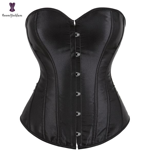 Cintura barriga shaper cetim overbust espartilho simples elegante preto branco azul bustier plástico desossado gorset gótico sexy plus size busk brocado korset 230828