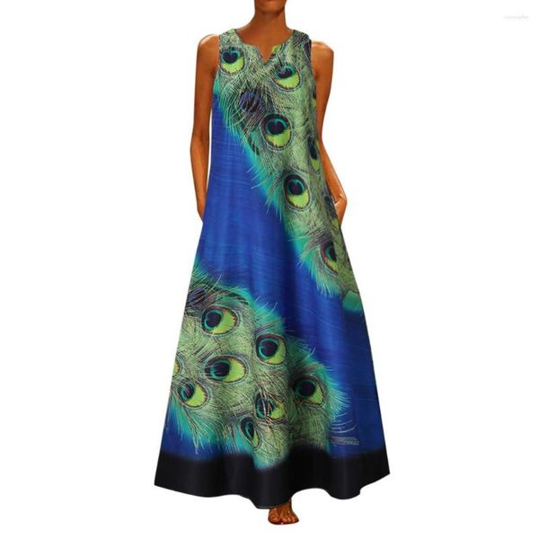 Casual Kleider Frauen Plus Größe Ärmellose Pfau Druck Lange Maxi Kleid Boho Sommer Strand Luxus Abend Für Party 2023 Vestido