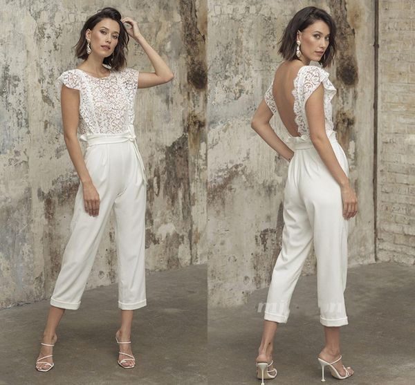 Urban Sexy Dresses, offener Rücken, Spitzen-Hochzeits-Overall mit Schärpe, Strand-Outfit mit Flügelärmeln, Tee-Länge, Braut, Vestidos De Novia, Hosenanzug 230828