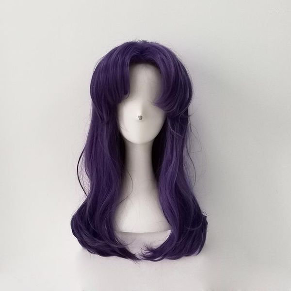 Costumi Anime EVA Katsuragi Misato parrucche in stile Bang medio lungo ondulato viola resistente al calore parrucca cosplay capelli sintetici
