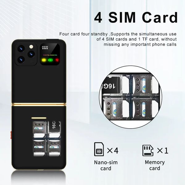 Novo clássico ultrafino novo telefone móvel dobrável GSM 4 SIM Standby 2,4 polegadas Lanterna LED Discagem rápida Rádio FM Magic Voice Celulares Backup Celular