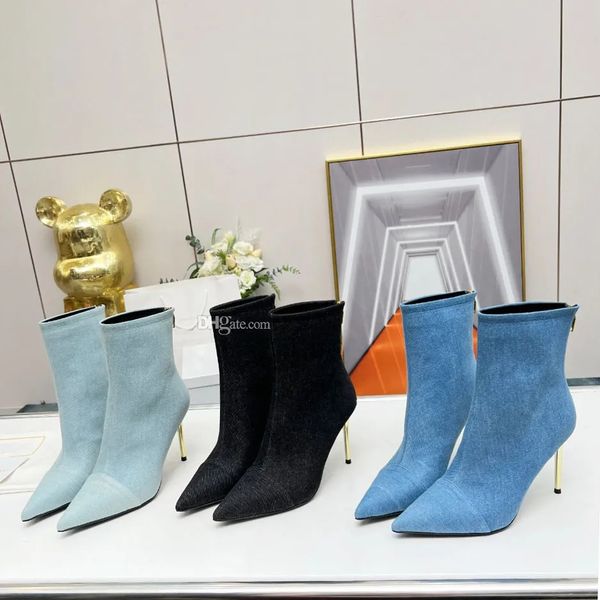 Cor jeans denim tornozelo zip botas apontou toe saltos stiletto botas impressas sola de couro feminino designer de luxo chelsea boot fábrica calçado tamanho 35-42 com caixa