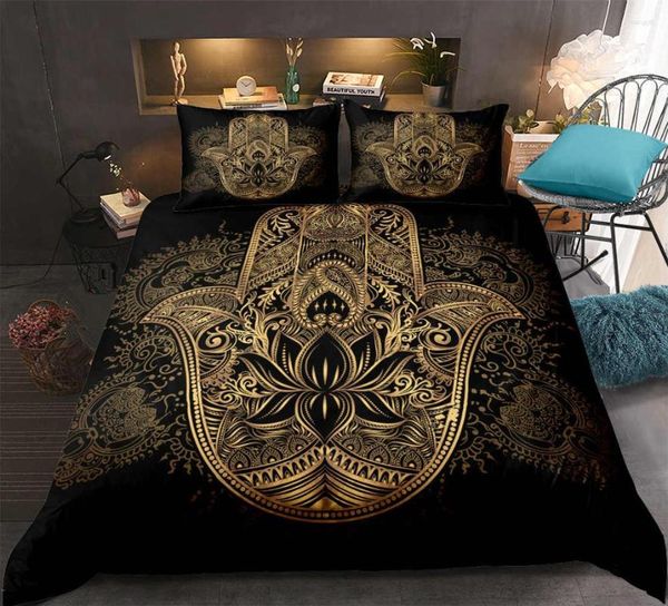 Set di biancheria da letto Set in microfibra di poliestere Copripiumino Mandala Oro nero Letto Bohemia Trapunta fortunata in lino a mano Fatima