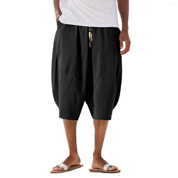 Pantaloni da uomo estivi casual da palestra ritagliati tendenza retrò pantaloni corti larghi in cotone e lino taglie forti Y2k coreano streetwear