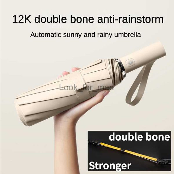 Усиленные ветрозащитные сильные полные автоматические зонтики мужчины, женщины, складывающие 12 двойной ливнепонепроницаемый солнцезащитный ультрафиолетовый ультрафиолетовый оттенок HKD230828
