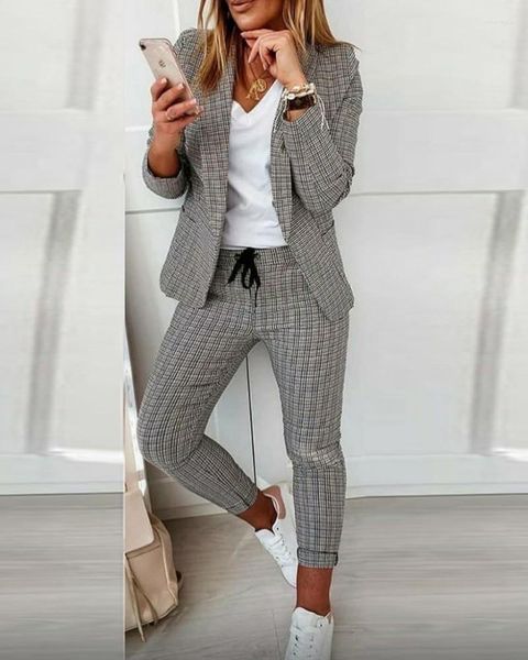 Frauen Zwei Stück Hosen Plaid Print Blazer Mantel Und Kordelzug Set Für Dame Monochrome Patchwork Outfit Trendy 2 Stück