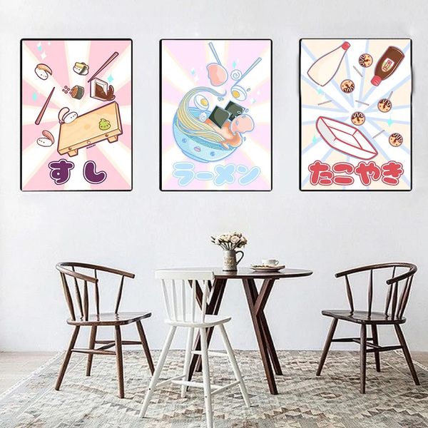 Dipinto su tela Giapponese Kawaii Ramen Sushi Ball Immagine da parete Noodles Cibo Poster e stampe per bambini Cucina Sala da pranzo Decorazione Senza cornice Wo6