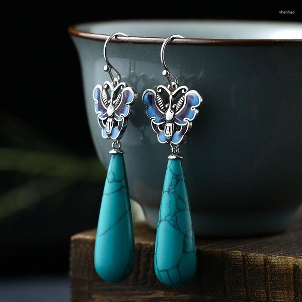 Dangle Brincos Turquesa Gota de Água Amuletos Charme Acessórios Jóias 925 Prata Jade Mulheres Encantos Natural Designer Amuleto Esculpido