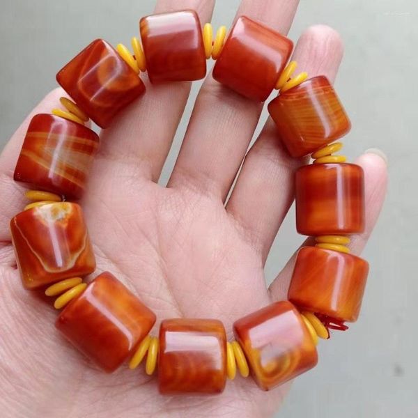 Bracciale rigido rosso avvolto con perline di barile di agata di seta Corda a mano Tamburo ondulato in pietra originale Xuanhua Stati Combattenti