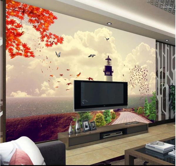 Tapeten Benutzerdefinierte PO 3D-Wandbilder Tapete für Wände Mediterraner Stil Meer Leuchtturm TV Hintergrund Wandpapiere Wohnkultur