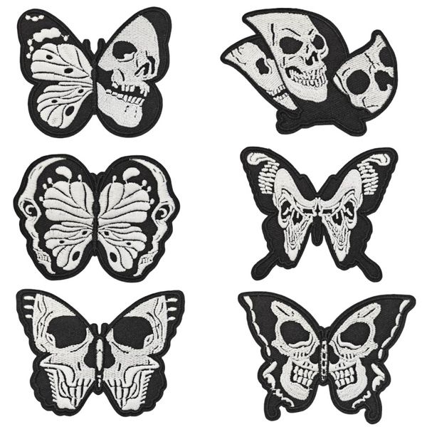 Notions Halloween-Aufnäher zum Aufbügeln, Totenkopf-Schmetterling, bestickter Aufnäher, schwarz-weiße Applikation, Abzeichen, Aufnäher, Emblem für Kleidung, Jacken, Jeans, Rucksäcke