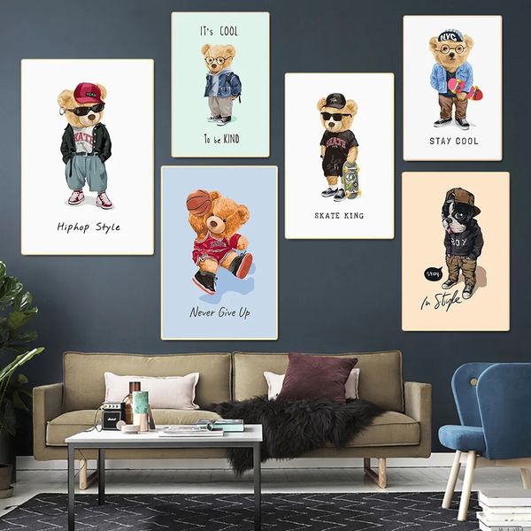 Pintura em tela estilo hiphop urso fique legal skate rei homem desenho animado moda urso na moda pôster e impressão imagem de parede para meninos quarto infantil decoração sem moldura wo6