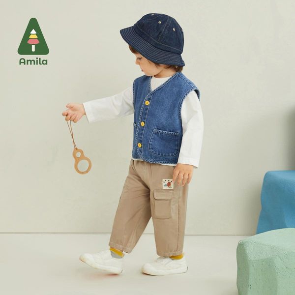 Брюки Amila, джинсовый жилет для маленьких девочек, осень 2022, новая мягкая джинсовая куртка, топ с принтом для девочек и мальчиков, детская одежда