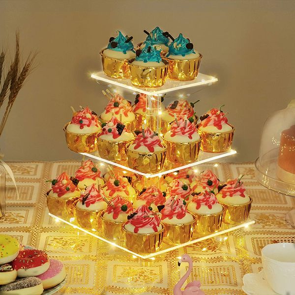 Diğer Etkinlik Partisi Malzemeleri 3 Seviye Açık Square Cupcake Stand Premium Akrilik Kek Kulesi Ekran Tutucu Düğün Doğum Günü Partisi için LED Işık İpi 230828