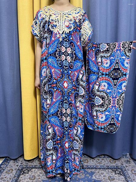 Ethnische Kleidung Muslimische Abayas für Frauen Baumwolldruck Blumenapplikationen Lose Passform Femme Robe Afrikanischer Islam Traditionelle Kleider mit Kopftuch