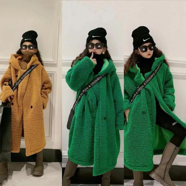 Piumino per ragazze adolescenti Giacche lunghe in lana d'agnello spessa Bambini Parka caldo imbottito in cotone sciolto Cappotti invernali casual per bambini