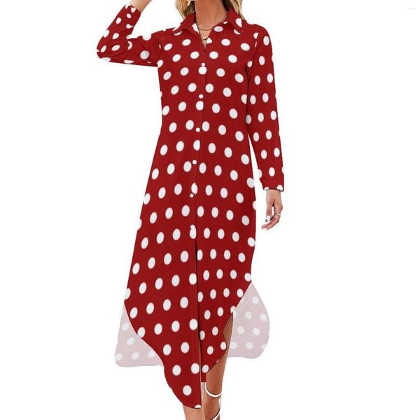 Vestidos casuais branco polka dot vestido vermelho escuro estética sexy v pescoço vintage chiffon manga longa vestido tamanho grande