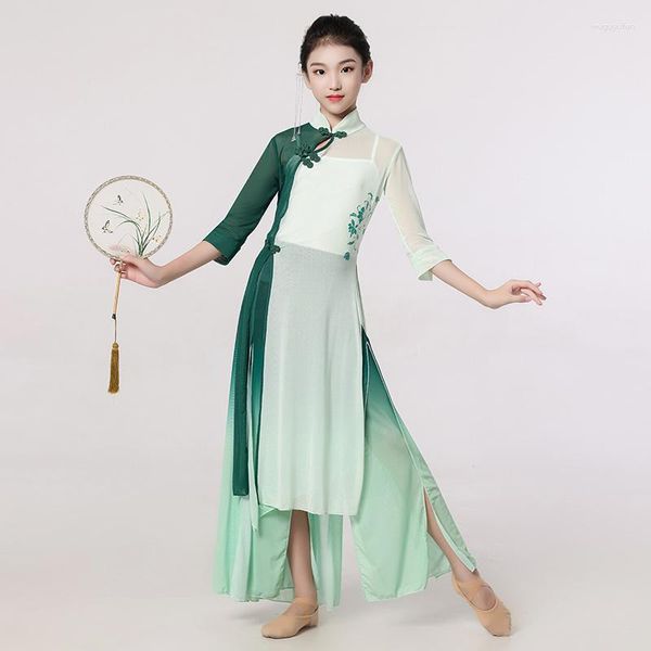 Palco desgaste clássico dança traje feminino crianças cheongsam elegante corpo charme gaze roupas fã de treinamento étnico