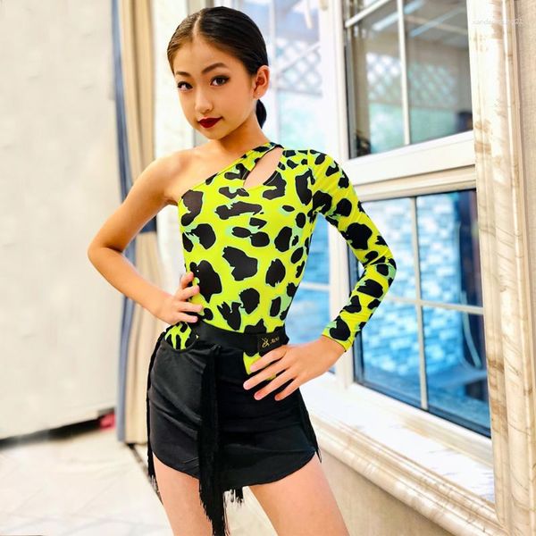 Bühne tragen Single Sleeve Latin Dance Kleidung Grün Leopard Top Quasten Rock Mädchen Kostüm Leistung SL8957