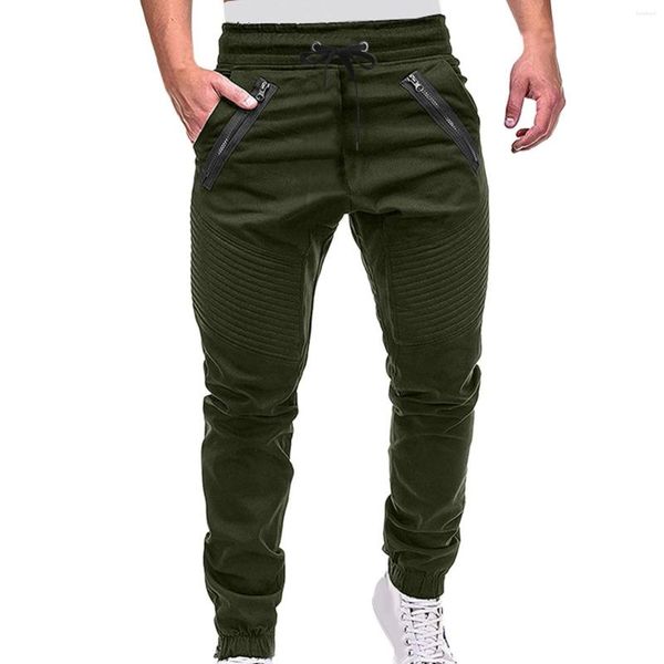 Calça masculina casual cintura média com cordão, esportiva com bolsos com zíper, leve, calça de moletom para homens