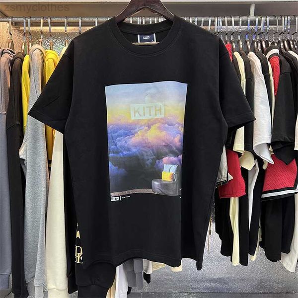 Homens camisetas Boa qualidade Kith Sunset Nuvens Mar Moda T-shirt Homens Casal Solto Preto Branco Damasco Mulheres Tee Mens Roupas