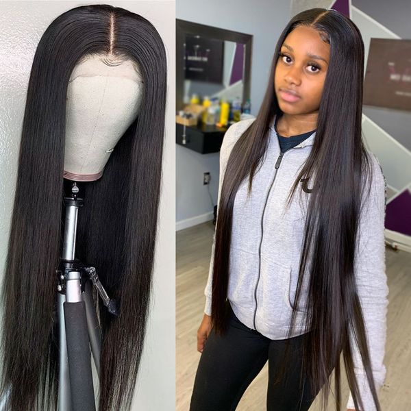 Passo brasileiro de 40 polegadas reta 13x4 Front Human Hair Wigs 250 Densidade Remy Lace Frontal Wig para Mulheres Negras
