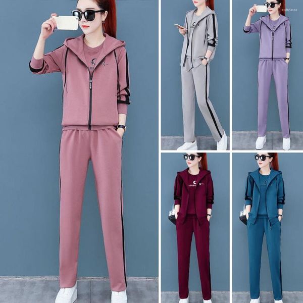 Pantaloni a due pezzi da donna 3 pezzi/set Cappotto da donna Top Set Colore abbinato Morbido e spesso con cerniera Polsino elastico Lady Primavera Tuta sportiva invernale