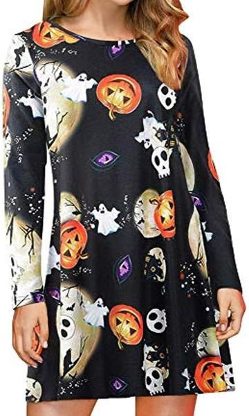Modisches Damen-Halloween-Kleid, Kostüm, Skelett, lustige Langarm-Midi-Kleider