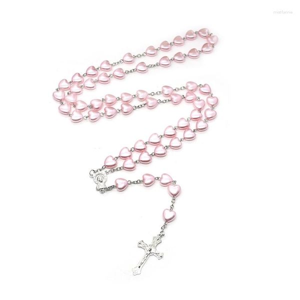 Anhänger Halsketten Rosa Herz Rosenkranz Halskette Kunststoff Imitation Perle Kreuz Katholischer Schmuck Für Frauen